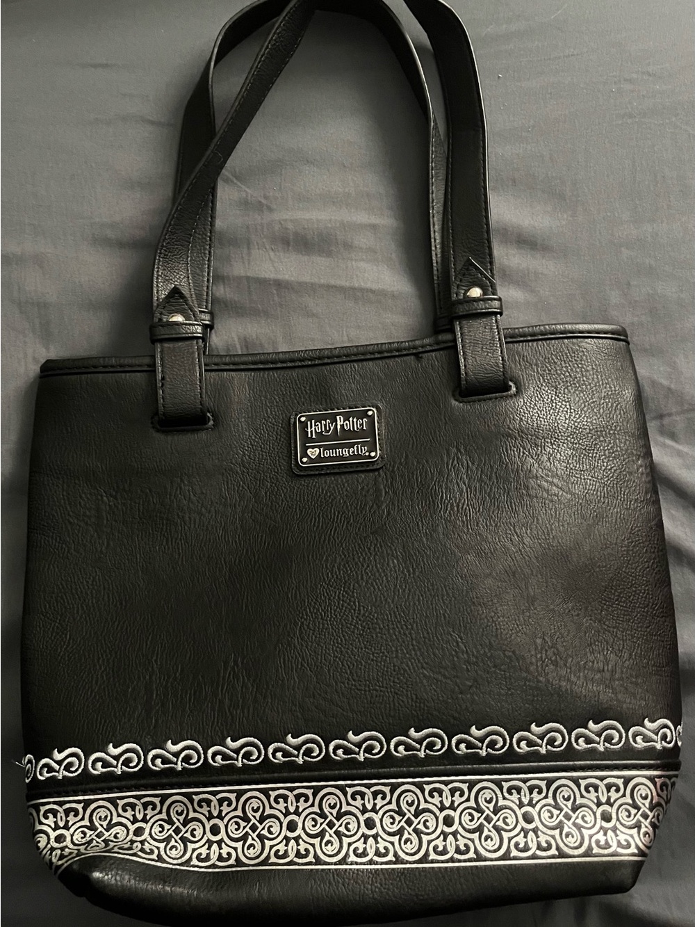 Loungefly Black Tote with Silver Scroll Accent